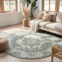 Teppich Vintage Rund - Spring Medaillon Grün Creme
