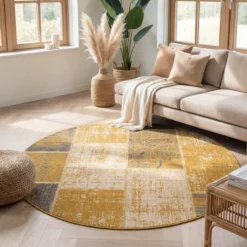 Teppich Vintage Rund - Spring Patchwork Ockergelb Taupe