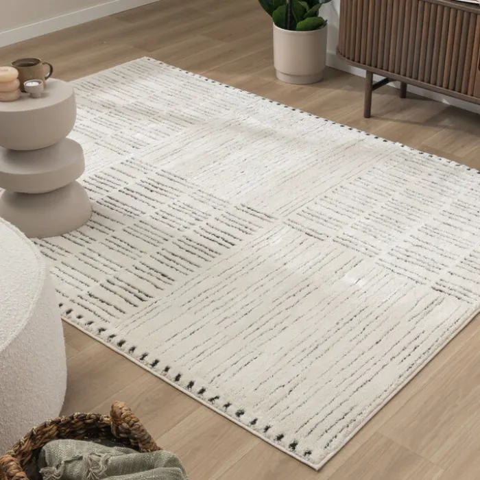 Teppich Wohnzimmer - Yune Lines Creme Schwarz
