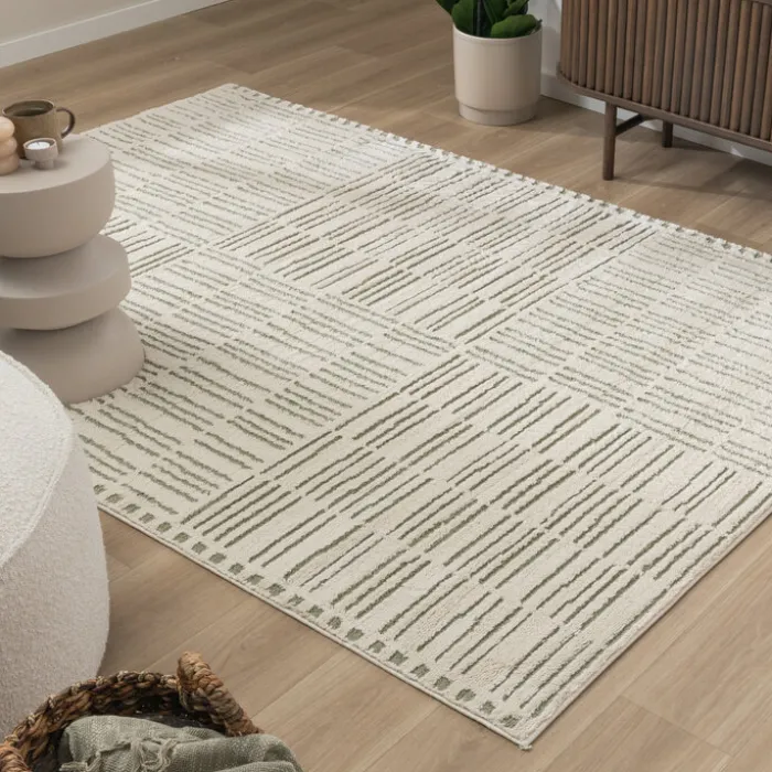 Teppich Wohnzimmer - Yune Lines Creme Grün