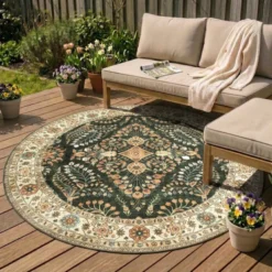 Vintage Gartenteppich Rund - Santo Flora Dunkelgrün