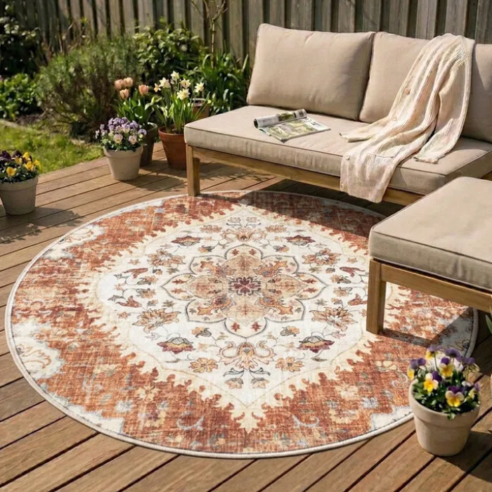 Vintage Gartenteppich Rund - Santo Mandala Terrakotta