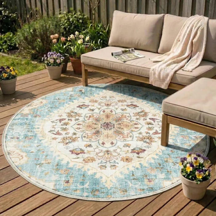 Vintage Gartenteppich Rund - Santo Mandala Hellblau