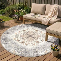 Vintage Gartenteppich Rund - Santo Mandala Blau Grau