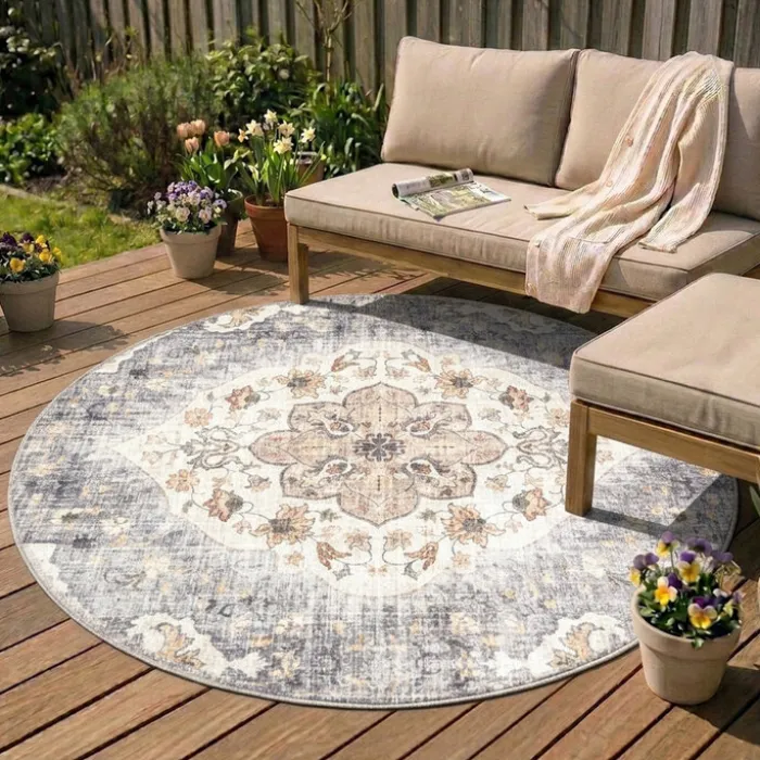 Vintage Gartenteppich Rund - Santo Mandala Blau Grau