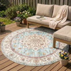 Vintage Gartenteppich Rund - Santo Medaillon Hellblau