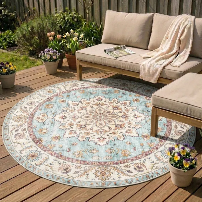 Vintage Gartenteppich Rund - Santo Medaillon Hellblau