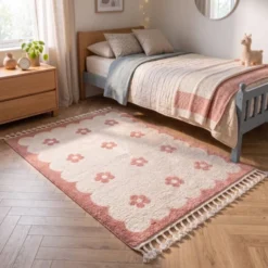 Waschbarer Kinderteppich - Moos Flower Rosa