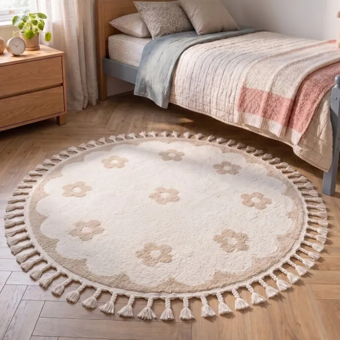 Waschbarer Kinderteppich Rund - Moos Flower Creme