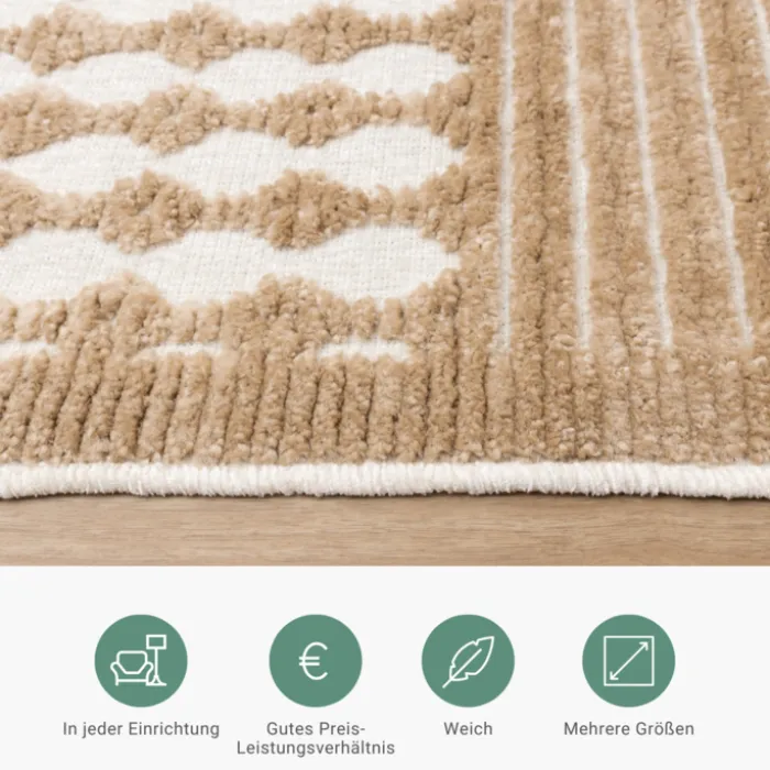 Waschbarer Teppich - Dunya Geo Beige Weiß