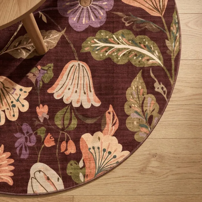 Waschbarer Teppich Rund - Misty Flowers Braun